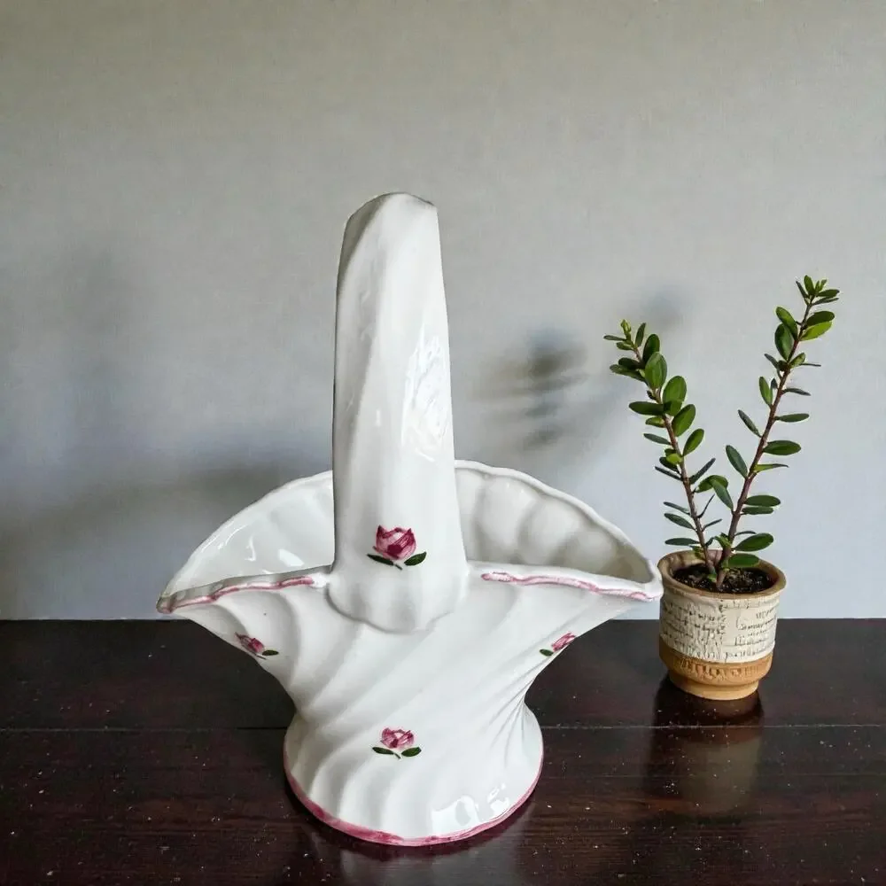 Vintage CMC Japan Ceramic Basket White Hand-Painted Pink Roses Grandmillennial